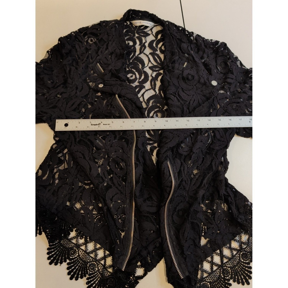 Peter Nygard Black Floral Lace Moto Jacket Womens Open Front Zip Trim Boho - Picture 9 of 10